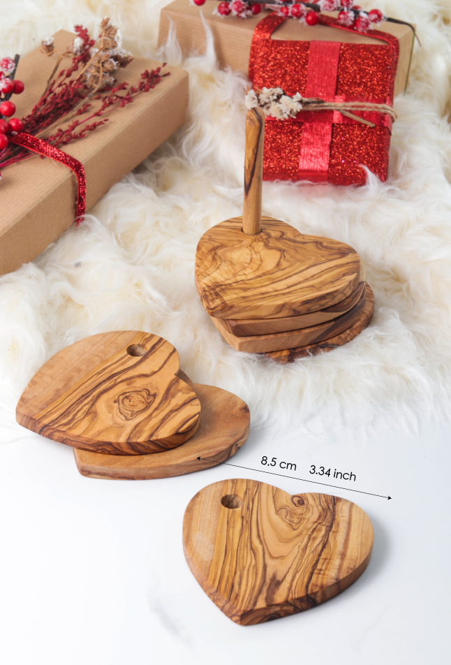 Set Of 6 Heart-Shaped Coasters With Holder Olive Wood - ArtisRaw